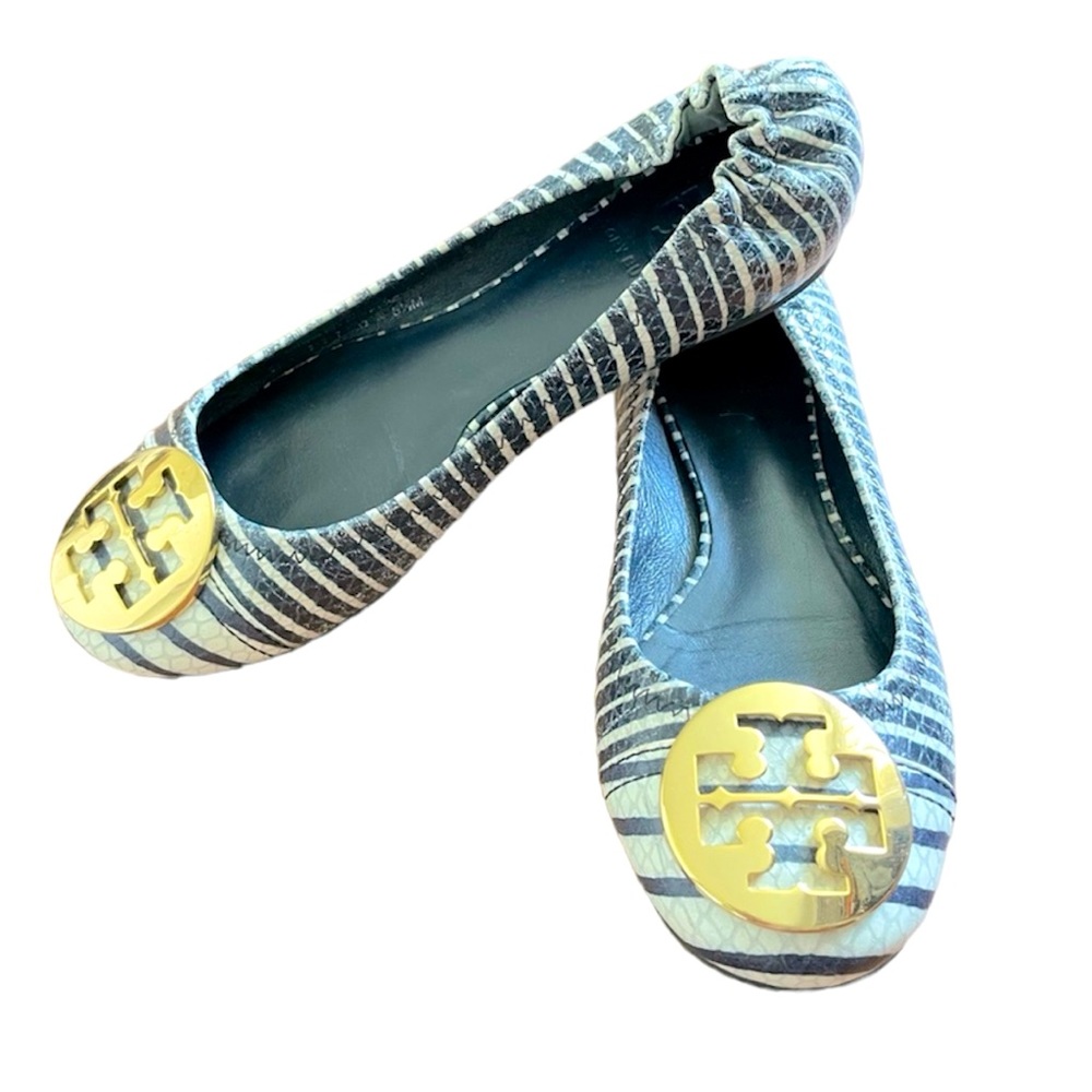 Tory Burch slip on sandals navy stripe snake print